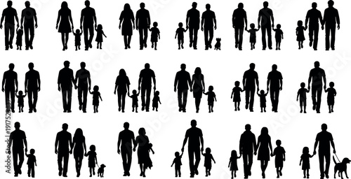 Big set of vector silhouettes depicting families, parents, children, and couples walking together isolated on white background.