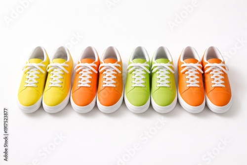 Several pairs of bright colored sneakers line up on a white surface showing different colors including yellow orange and green