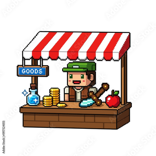 Pixelated vendor stands at a market stall with goods for sale.