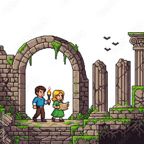 Two children explore ancient stone ruins with a torch and map.