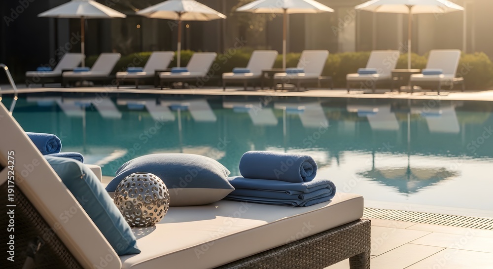 Fototapeta premium A serene poolside scene with lounge chairs and towels at a luxury resort