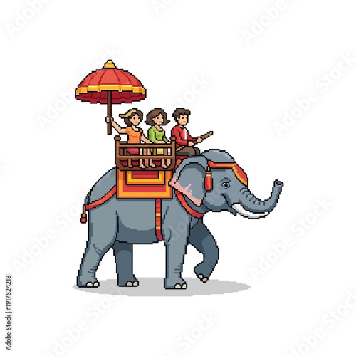 People ride an elephant adorned with decorative coverings and an umbrella.