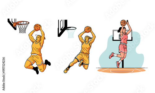 Dynamic female basketball player silhouette jump shot action vector