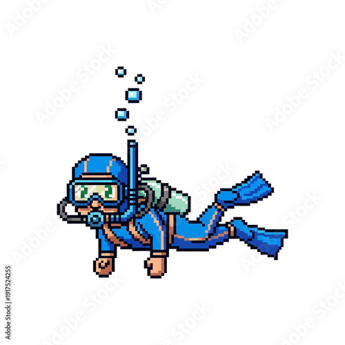 Cartoon diver in blue suit with mask and fins underwater.