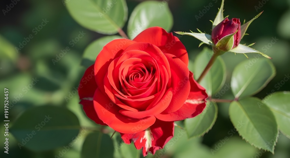 Naklejka premium A vibrant red rose in full bloom surrounded by lush greenery