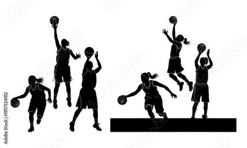 Dynamic female basketball player silhouette jump shot action vector