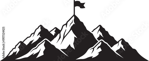 Mountain Peak with Flag on Top Black and White