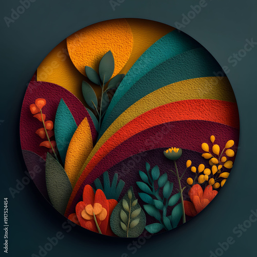Vibrant abstract artwork featuring a circular composition with bold, multicolored arcs and stylized botanical elements. perfect for art prints, posters, and home decor, modern design and natural inspi