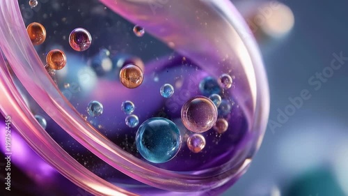 Liquid spheres with glitter particles creating an abstract cosmic pattern in water