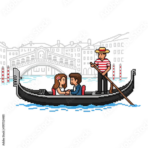 Couple in gondola with gondolier in front of city skyline.
