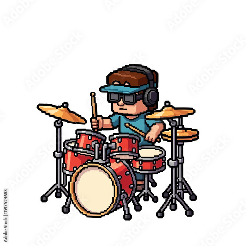 Cartoon person playing a red drum set with sticks and headphones.