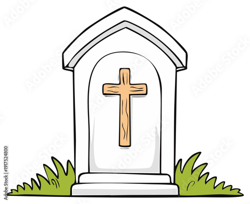 Cartoon illustration of a religious tombstone with a wooden cross, green grass.