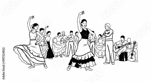 Lively scene of flamenco dancers and musicians in traditional attire