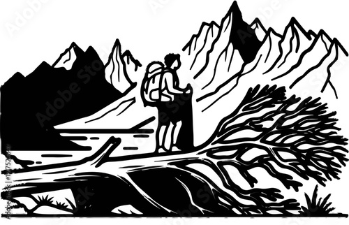 Lone hiker surveys a serene mountain vista with a fallen tree