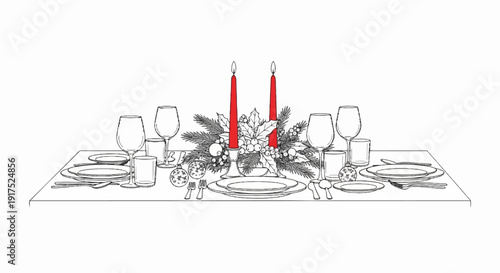 Festive table setting with red candles, pine branches, and place settings