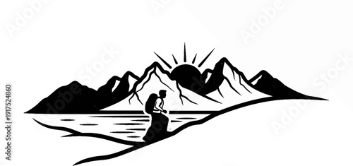 Lone hiker traverses a branch overlooking a lake with mountains and sun