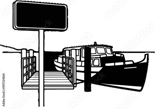 Illustration of a boat docked at a pier with a signpost