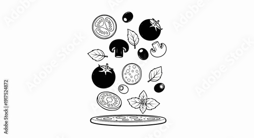 Illustrated pizza ingredients floating above a ready-to-bake crust