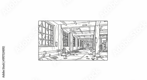 Long, dark, industrial corridor with broken windows and debris