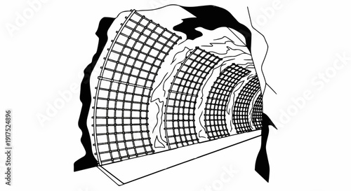 Illustration of a grated tunnel or passage leading into darkness