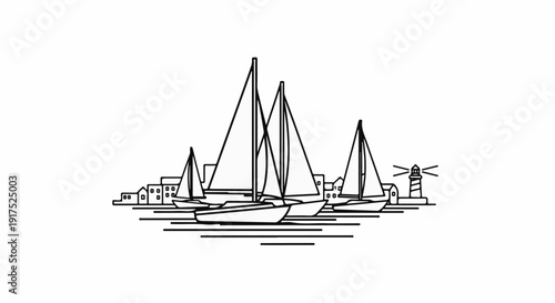 Minimalist depiction of sailboats and coastal town with lighthouse