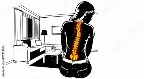 Illustration of a woman's spine, highlighted in orange, in a minimalist living room setting