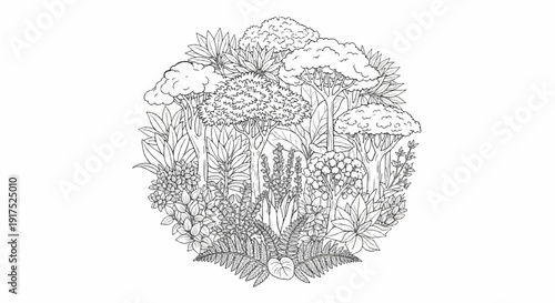 Lush forest scene with diverse trees, ferns, and flowering bushes