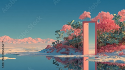 Minimalist fantasy artwork blending surreal pink door, snowy landscape, and vibrant foliage, evoking themes of imagination, escape, and winter wonderland