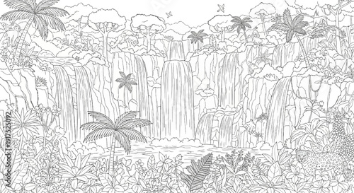 Lush jungle scene with multiple cascading waterfalls, tropical foliage, and wildlife