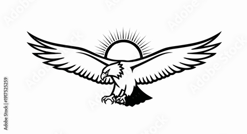 Majestic eagle with outstretched wings in front of a radiant sunburst emblem