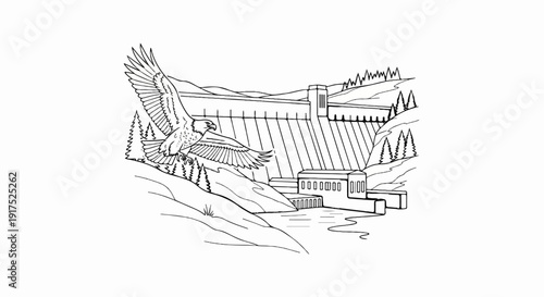 Majestic eagle soars near a grand dam, with trees and hills in background