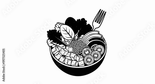 Hand-drawn illustration of a healthy food bowl with vegetables and fork