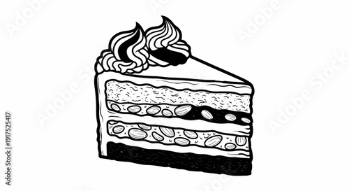 Hand-drawn illustration of a layered slice of cake with frosting