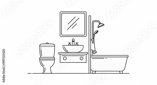 Minimalist line art of a bathroom interior with toilet, sink, mirror, and tub
