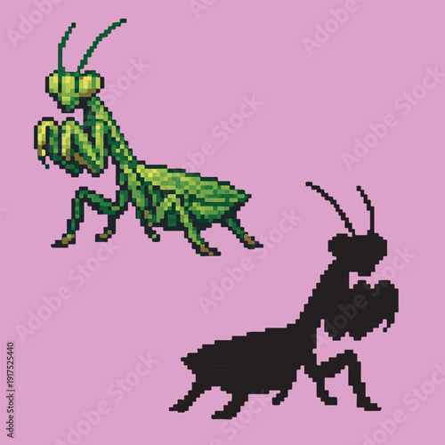 the mantis with pixel art, eps 10 illustration