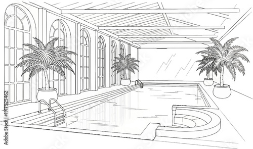 Indoor swimming pool with arched windows and potted palm trees