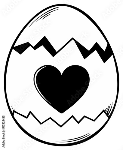 Cracked Easter egg with black heart symbol in outline illustration