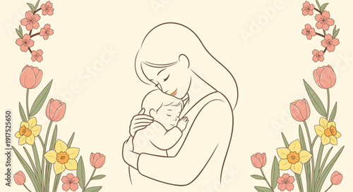 Mother holding baby illustration with floral border, vector line art