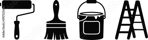 Black silhouette icons of painting tools including roller brush paint bucket and ladder for home renovation decoration improvement and DIY service.