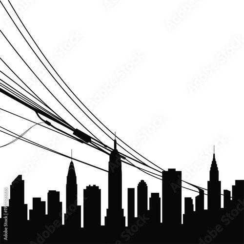 New York City skyline silhouette with suspension bridge cables and airplane flying over urban skyscrapers in minimalist black vector illustration design isolated on white background