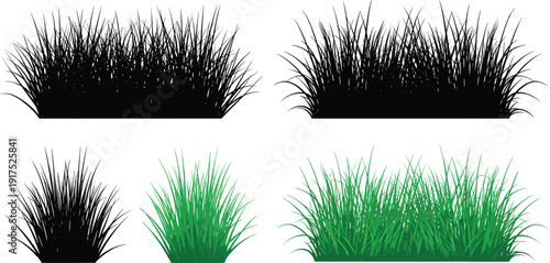 Flat vector illustration of grass lawn patches, green and black foliage set, decorative meadow plants, natural landscaping elements