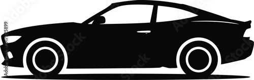 Black silhouette of a modern sports car icon representing automotive speed luxury performance transportation racing design and high fast driving technology.