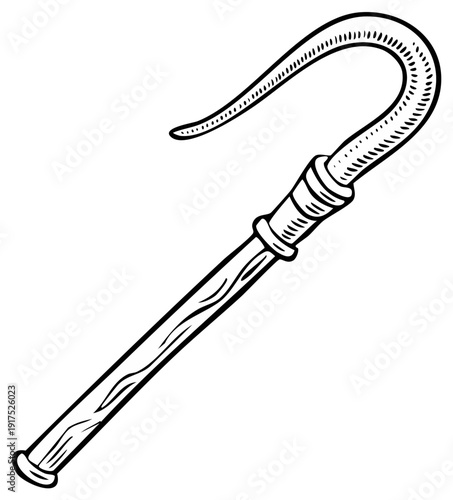 Detailed illustration of a wooden cane with curved handle.