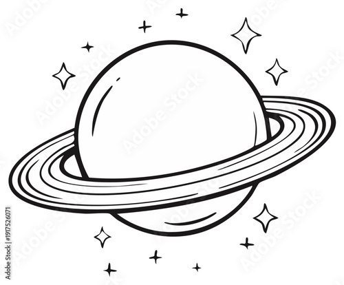 Planet with Rings and Stars, Simple Line Drawing