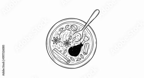 Hand-drawn illustration of a savory stew with spices and a chicken leg