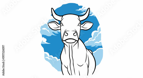 Minimalist line art of a bull's head against a cloudy blue sky backdrop