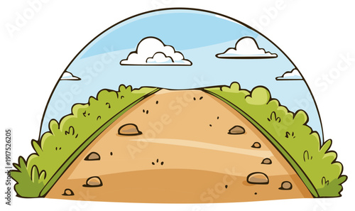 Cartoon Illustration of a Dirt Road with Clouds and Bushes in a Hemi-Spherical Landscape