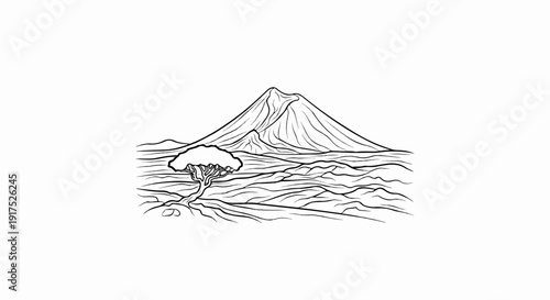 Minimalist line art of a lone tree in a grassy plain before a large, conical mountain