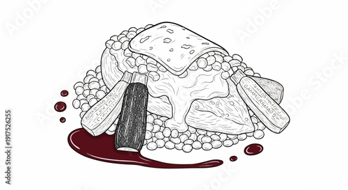 Hand-drawn illustration of a surreal dish with a tortilla and peas