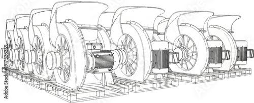 Industrial fans with electric motors lined up on pallets, ready for transport